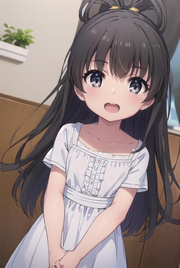 hinatakanashi, <lora:hina takanashi s1-lora-nochekaiser:1>,hina takanashi, long hair, black hair, (black eyes:1.3), ponytail, antenna hair, child, smile, open mouth,BREAK dress, yellow dress, short sleeves,BREAK indoors,BREAK looking at viewer, (cowboy shot:1.5),BREAK <lyco:GoodHands-beta2:1>, (masterpiece:1.2), best quality, high resolution, unity 8k wallpaper, (illustration:0.8), (beautiful detailed eyes:1.6), extremely detailed face, perfect lighting, extremely detailed CG, (perfect hands, perfect anatomy), 