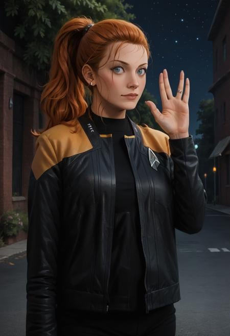 core_9, score_8_up, score_7_up ,score_6_up, vulcansalute hand gesture,<lora:VulcansalutePonyV1-000035:0.8> 1girl,scenery,ginger,ponytail,pcdjck,Star trek jacket,yellow shoulders,black shirt,<lora:PicardJacketPony>