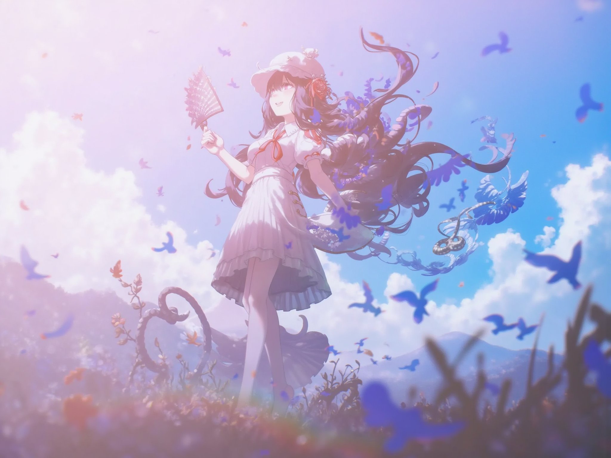 1girl,    hime cut, shirt, open clothes, looking up, sky, snake, smile, outstretched arms, red eyes, holding, hand fan, leaf, neck ribbon, holding fan, solo, blouse, mountain, wing collar, skirt, standing, black hair, medium skirt, red ribbon, long hair, wind, blue wings, flock, bird, open mouth, morning, ribbon, hat, :d, collared shirt, spread arms, day, short sleeves, floating hair, very long hair, cloud, tokin hat, dress shirt, looking away, puffy sleeves, feathered wings, pleated skirt, wings, puffy short sleeves <lora:Yajiang-000109:1>