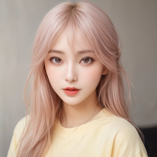 1 girl, light pink hair, creamy yellow clothes