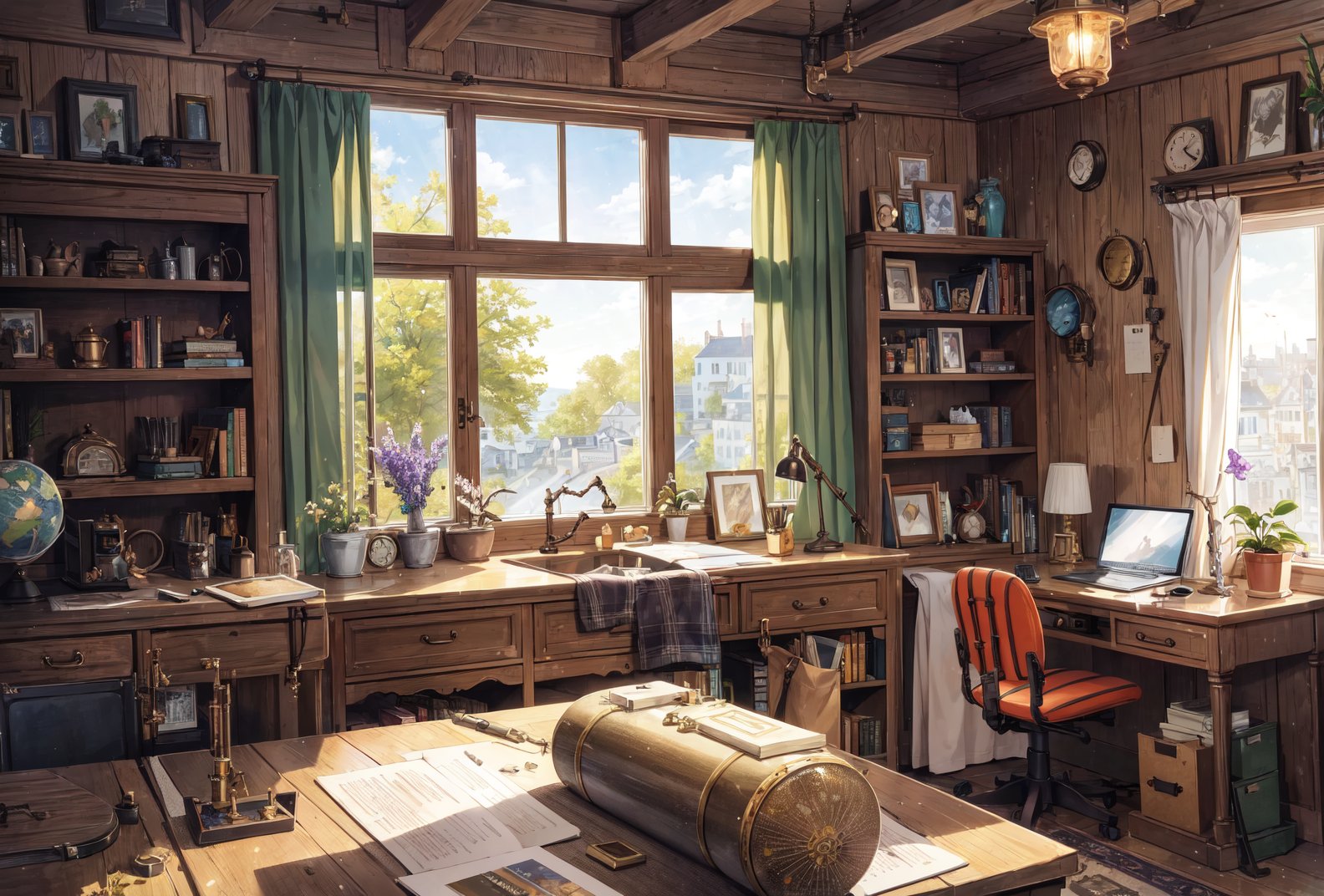 (bloom, best quality, masterpiece:1.4), ultra high res, amazing, (2d:1.48),  illustration, (extreme detailed), extreme detailed background, alarm_clock, book, bookshelf, bottle, box, camera, cat, chair, clock, cuckoo_clock, day, desk, drawer, flower, flower_pot, gears, globe, hammer, hanging_light, hourglass, indoors, industrial_pipe, jar, key, keyring, letterboxed, light_bulb, light_rays, mechanical_parts, mouse, no_humans, oil_can, paper, plant, potted_plant, propeller, purple_flower, robot, ruler, scenery, screw, screwdriver, scroll, set_square, shelf, sleeping, spring_(object), stuffed_animal, stuffed_cat, stuffed_toy, sunlight, table, telescope, tools, window, soft lighting, detailed lighting