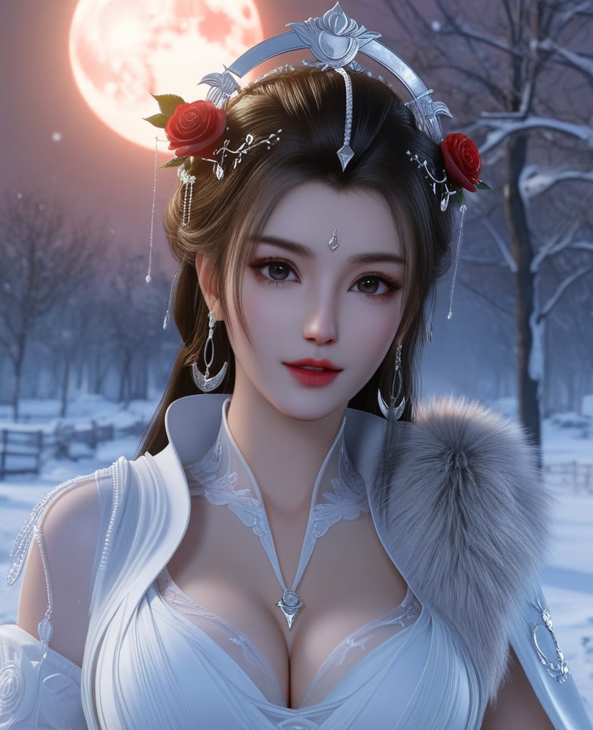 <lora:612-DA-XL-少年白马醉春风-玥瑶:0.8>(,1girl, ,best quality, ),looking at viewer,masterpiece, (( , )),, realistic,science fiction,mole, ultra realistic 8k cg, ,      ,outdoors, snow, snowing, snow on head, sun,sunset,sunlight,moonlight,full moon, red moon,  crescent moon,  crescent rose,  black rose,       (cleavage), (),