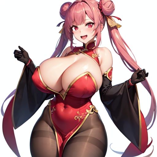 1girl, solo, original, chinese clothes, red dress, brown bodysuit, brown pantyhose, cleavage, cleavage cutout, bare shoulders, detached sleeves, red eyes, pink eyes, streaked hair, long hair, twintails, cone hair bun, huge breasts, curvy, thick thighs, bouncing breasts, seductive smile, naughty face, lewd, sexy, hot, glamorous, blunt bangs, standing, cleft of venus, white background, simple background, anime screencap, anime coloring, key visual, studio anime, standing, 