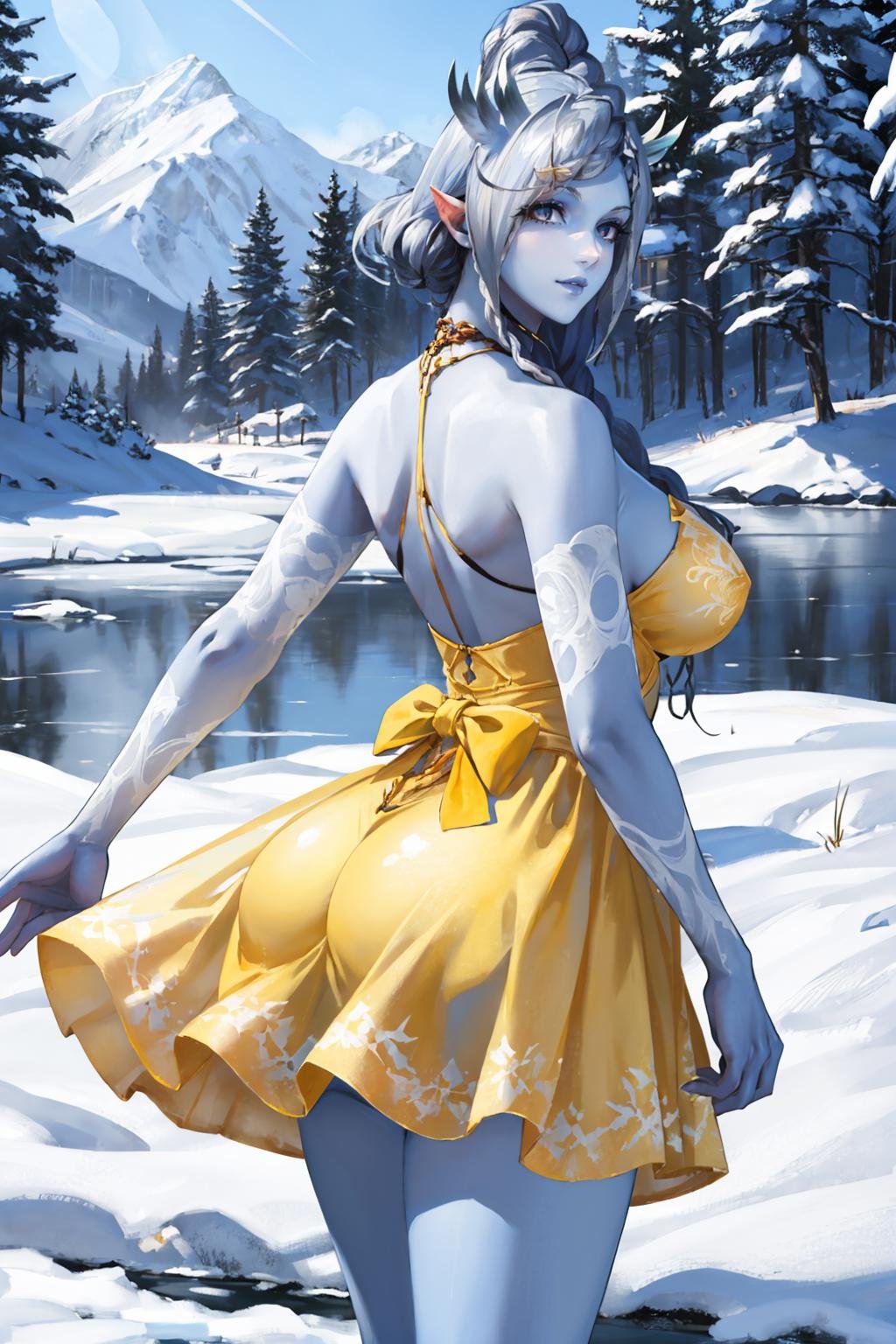 masterpiece, best quality,  <lora:xvshiva-nvwls-v1-000009:0.9 > xvShiva, blue skin, (yellow sundress:1.5), from behind, large breasts, snow, ice, frozen lake