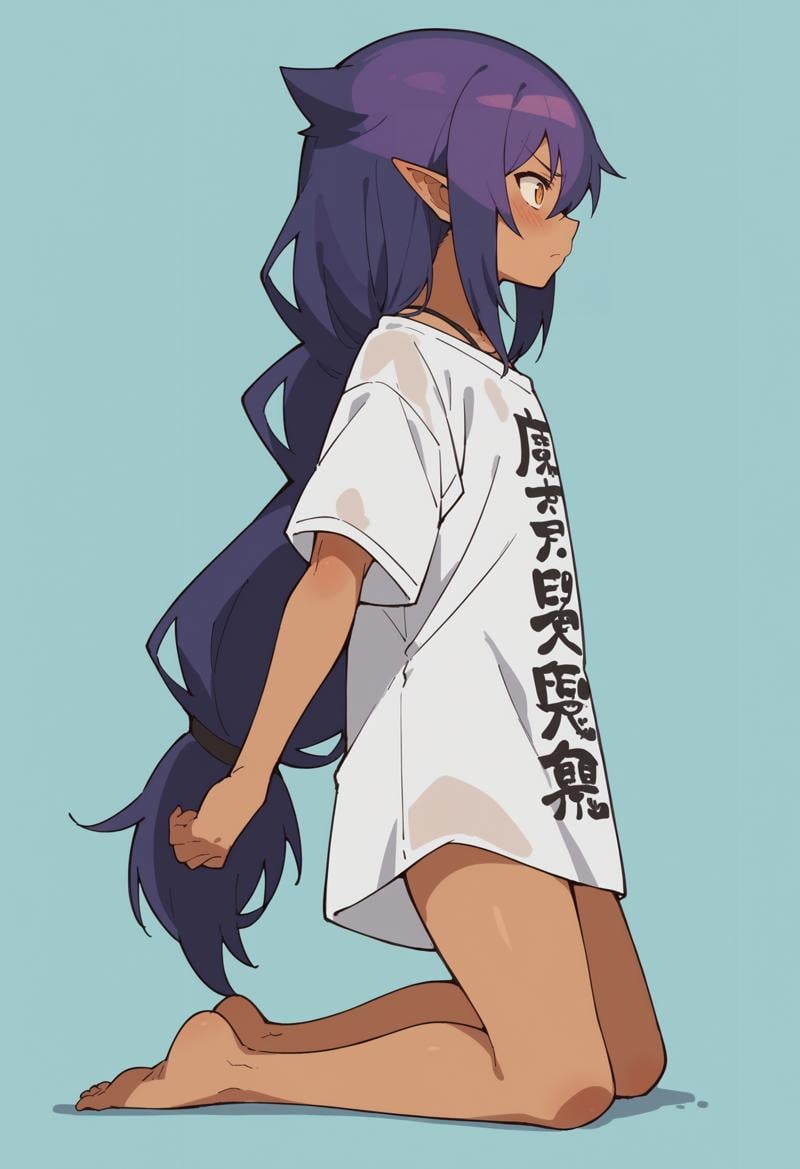 score_9, score_8_up, score_8, source_anime, 1girl, <lora:Jahy:0.85> solo, dark skin, dark-skinned female, long hair, hair between eyes, purple hair, pointy ears, shirt, white shirt, clothes writing, oversized clothes, blush, full body, barefoot, from side,light blue background, simple background,