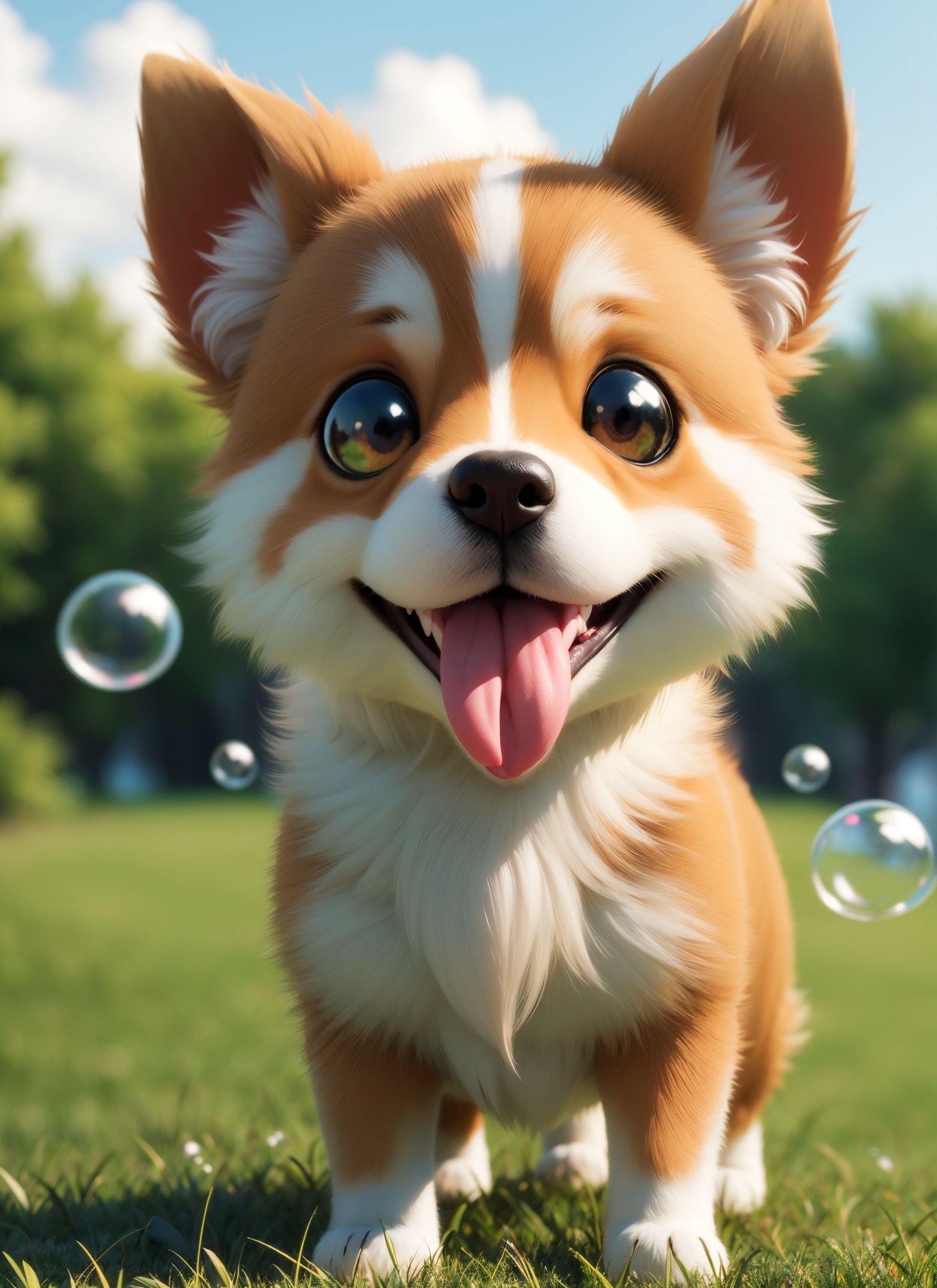 dog,no humans,animal focus,grass,open mouth,bubble,blurry,outdoors,animal,fangs,tongue,day,C4D,3D,corgi,3D,kawaii,chibi,chibi style,bold lines,and has a sense of design,