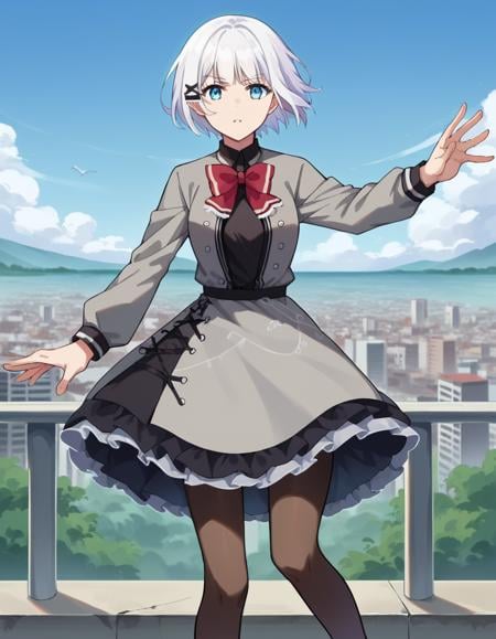 score_9, score_8_up, score_7_up, source_anime,siesta, <lora:siesta-ponyxl-lora-nochekaiser:1>,siesta, short hair, bangs, blue eyes, hair ornament, white hair, hairclip,dress, bow, bowtie, red bow, red bowtie, shirt, long sleeves, jacket, pantyhose, frills, shoes, grey jacket, open clothes, black shirt,outdoors, cityscape,looking at viewer, cowboy shot, dynamic pose,