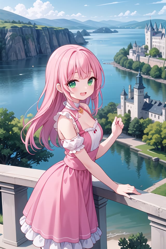 insanely detailed, absurdres, ultra-highres, ultra-detailed, best quality,1 girl, solo, nice hands, perfect hands,BREAK,(wearing princess dress), teara,happy smile, laugh, open mouth,standing,from side, cowboy shot, looking at viewer,BREAK,slender, kawaii, perfect symmetrical face, ultra cute girl, ultra cute face, ultra detailed eyes, ultra detailed hair, ultra cute, ultra beautiful,BREAK,fantasy world, (castle in background, lake:1.3), (very wide, panorama view, sense of depth, magnificent view:1.3)BREAK,princess girl, pink hair, green eyes, medium breasts