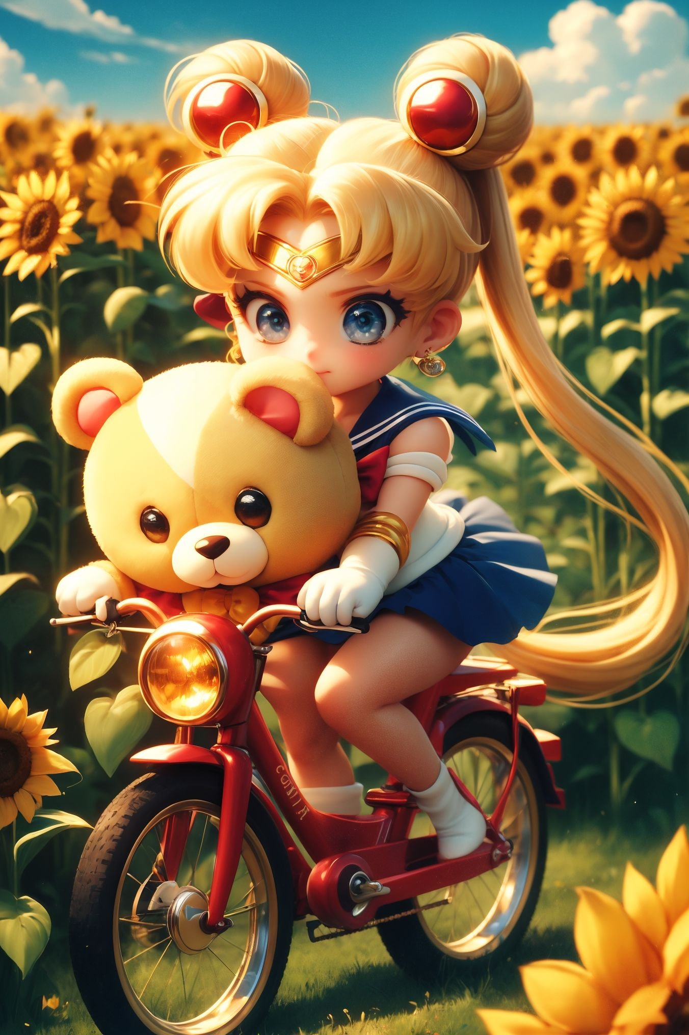 ï»¿A giant teddy bear riding a bicycle through a field of sunflowers.,(kawaii,chibi:1.1),xuer Sailor Moon,tsukino usagi,jewelry,earrings,very long hair,blonde hair,forehead mark,double bun,<lora:xuer Sailor Moon_20240329152018:0.7>,