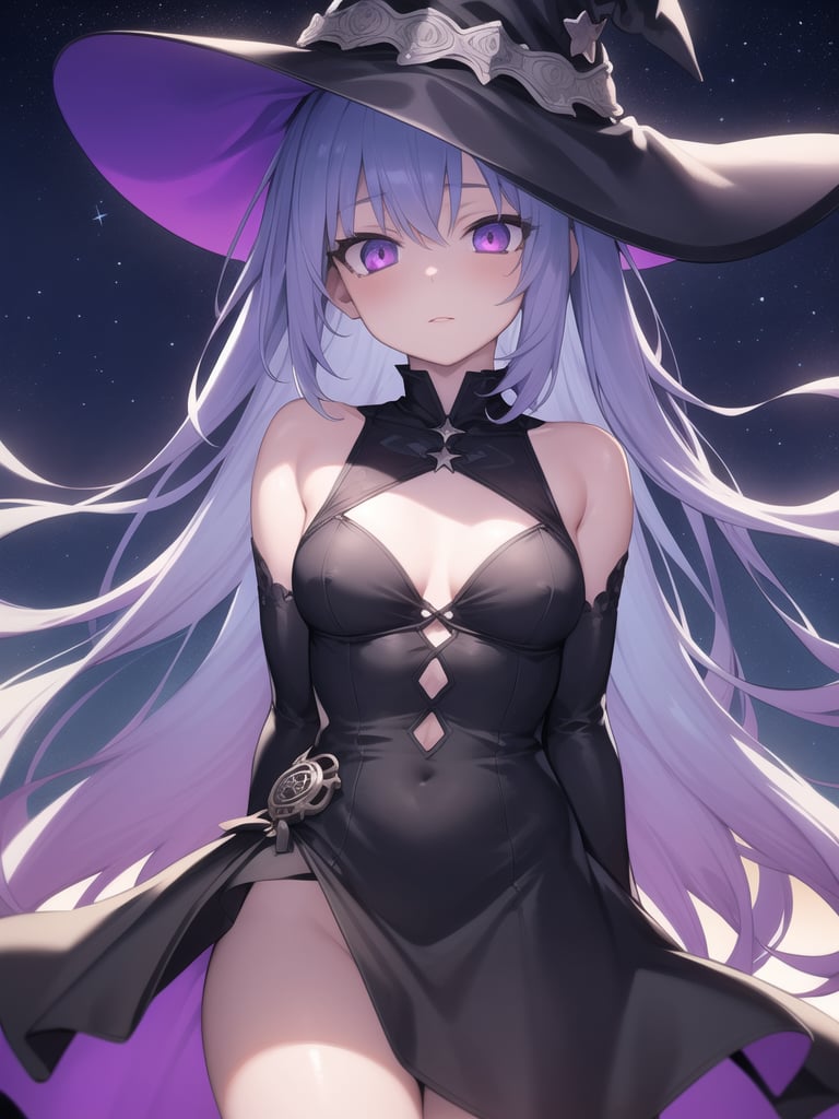 masterpiece,best quality,detailed,1girl,night sky,stars,arms at sides,levitating,witch hat,gothic two toned dress,detailed eyes,purple eyes,multicolored hair,long light blue hair,