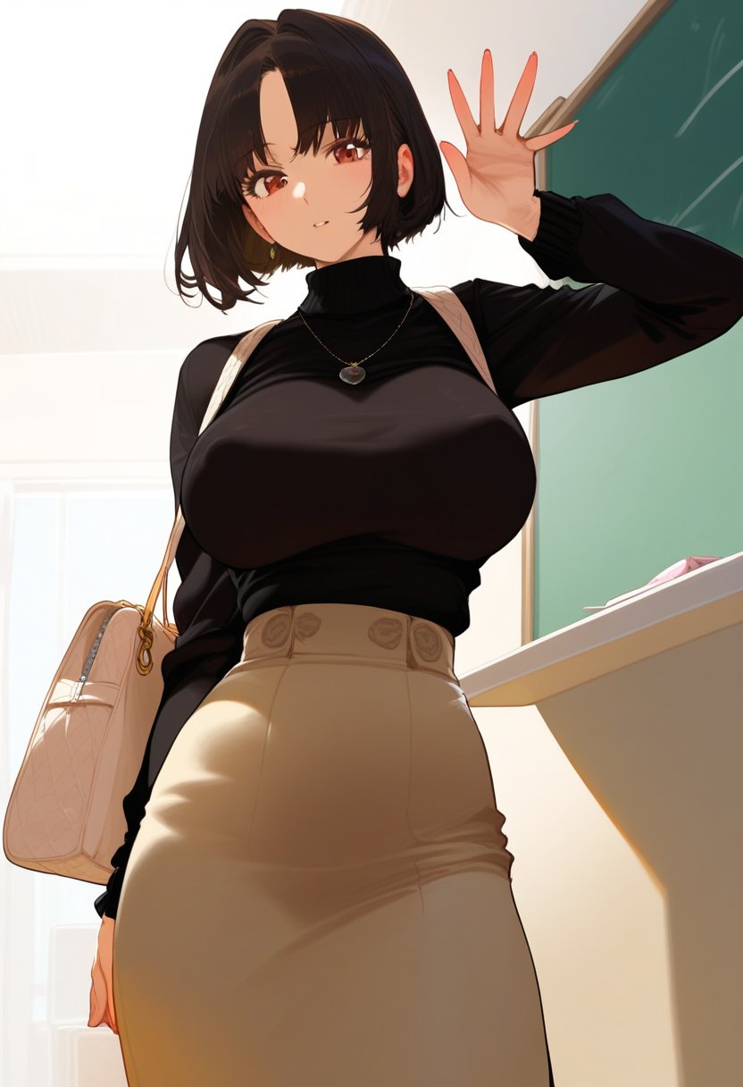 score_9, score_8_up, score_7_up, score_6_up, source_anime, <lora:CLD 0.1v:1>, CLD, curvy, curves, curvy body, 1girl, breasts, skirt, solo, black hair, bag, short hair, necklace, jewelry, sweater, jacket, turtleneck, arm behind back, large breasts, chalkboard, black sweater, covered nipples, turtleneck sweater, waving, looking at viewer, handbag, brown eyes, open clothes, open jacket, long sleeves, red eyes, bangs, brown jacket, long skirt, high-waist skirt, brown skirt, shoulder bag, shirt, black shirt, shirt tucked in, parted lips, yellow skirt, hand up, standing, parted bangs, expressionless, bob cut, indoors,