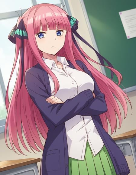 score_9, score_8_up, score_7_up, source_anime,ninonakano, <lora:nino-nakano-s1-ponyxl-lora-nochekaiser:1>,nino nakano, long hair, bangs, blue eyes, hair ornament, hair ribbon, pink hair, blunt bangs, two side up, butterfly hair ornament, mature female,skirt, shirt, long sleeves, white shirt, pleated skirt, open clothes, collared shirt, sleeves past wrists, dress shirt, cardigan, green skirt, open cardigan, black cardigan,indoors, classroom, crossed arms,looking at viewer, cowboy shot, dutch angle, solo,