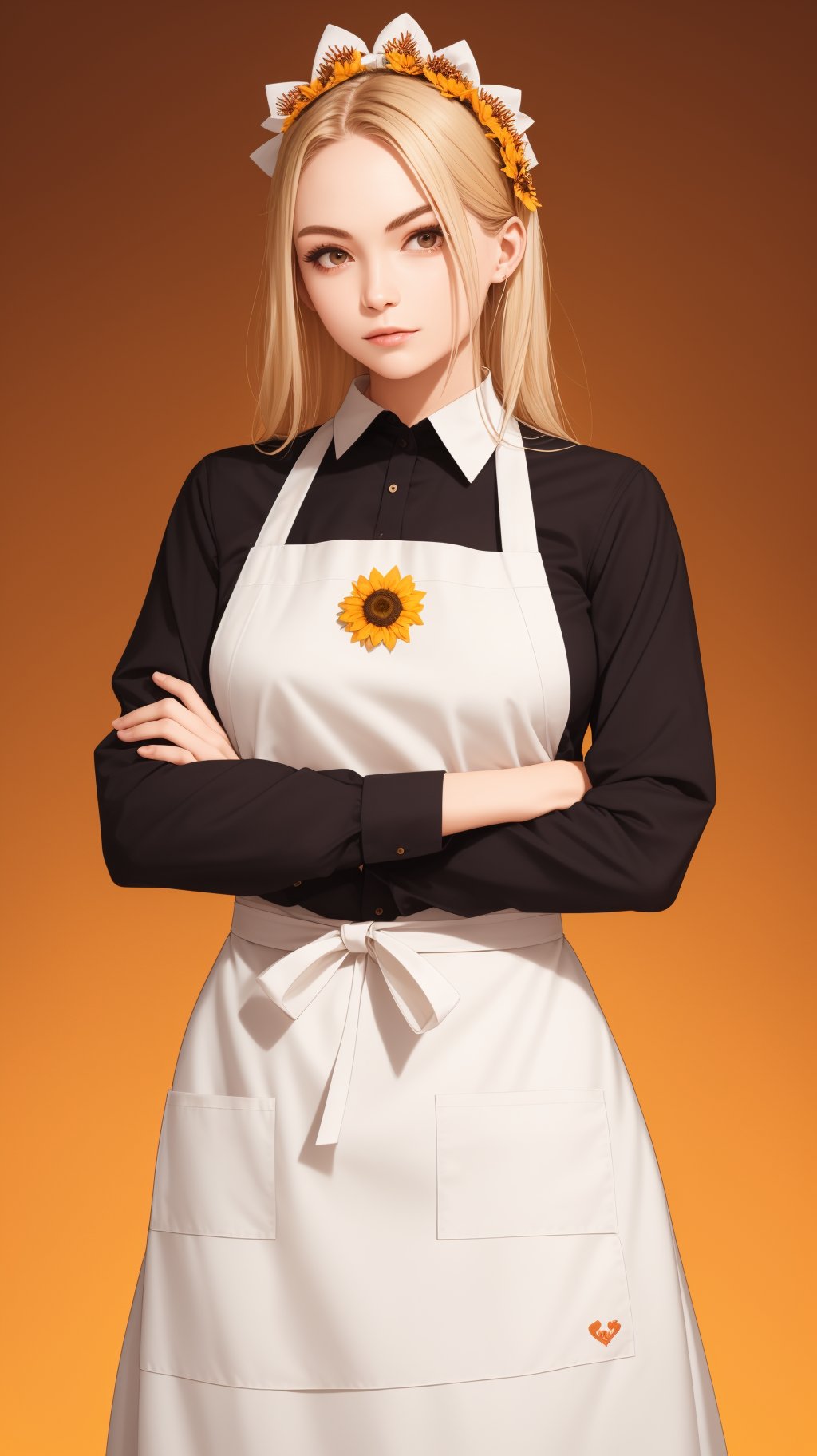 masterpiece, best quality, 1girl, apron, blonde hair, bow, breast hold, breasts, brooch, closed mouth, crossed arms, dress, dusk, enmaided, evening, frown, ginkgo leaf, gradient, gradient background, long hair, long sleeves, looking at viewer, maid, maid apron, maid headdress, medium breasts, orange background, orange sky, orange theme, ribbon, solo, sunflower, sunset, v-shaped eyebrows, white apron, yellow background, yellow sky, yellow theme