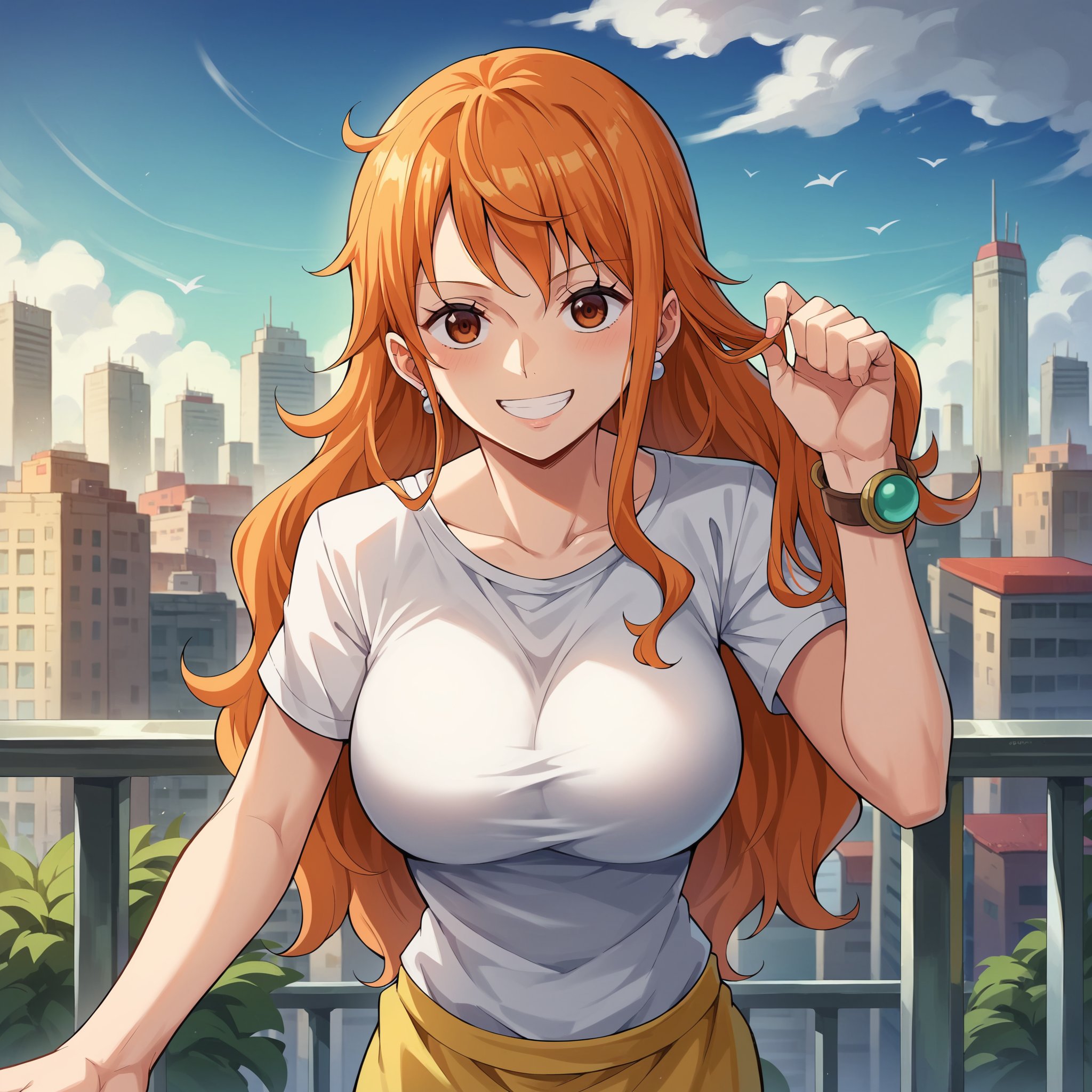 score_9, score_8_up, score_7_up, score_6_up, score_5_up, score_4_up, BREAK source_anime,POV,city,outdoor,smile,standing,<lora:Nami_Post_V1:0.7>nami_post, orange hair, long hair, wavy hair, side locks, brown eyes, large breasts, white t-shirt,short sleeves