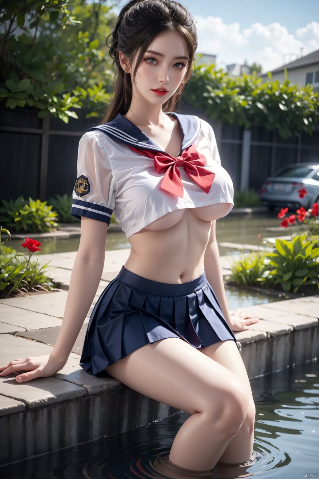 1girl, solo, skirt, breasts, school uniform, underboob, sitting, serafuku, pleated skirt, crop top, outdoors, blue skirt, looking at viewer, crop top overhang, sailor collar, blurry background, bow, blurry, short sleeves, black hair, day, blue eyes, shirt, red bow, white shirt, large breasts, bowtie, no bra, blue sailor collar, water, lips, forehead, red lips, brown hair, soaking feet, parted lips, JK<lora:EMS-361301-EMS:0.800000>