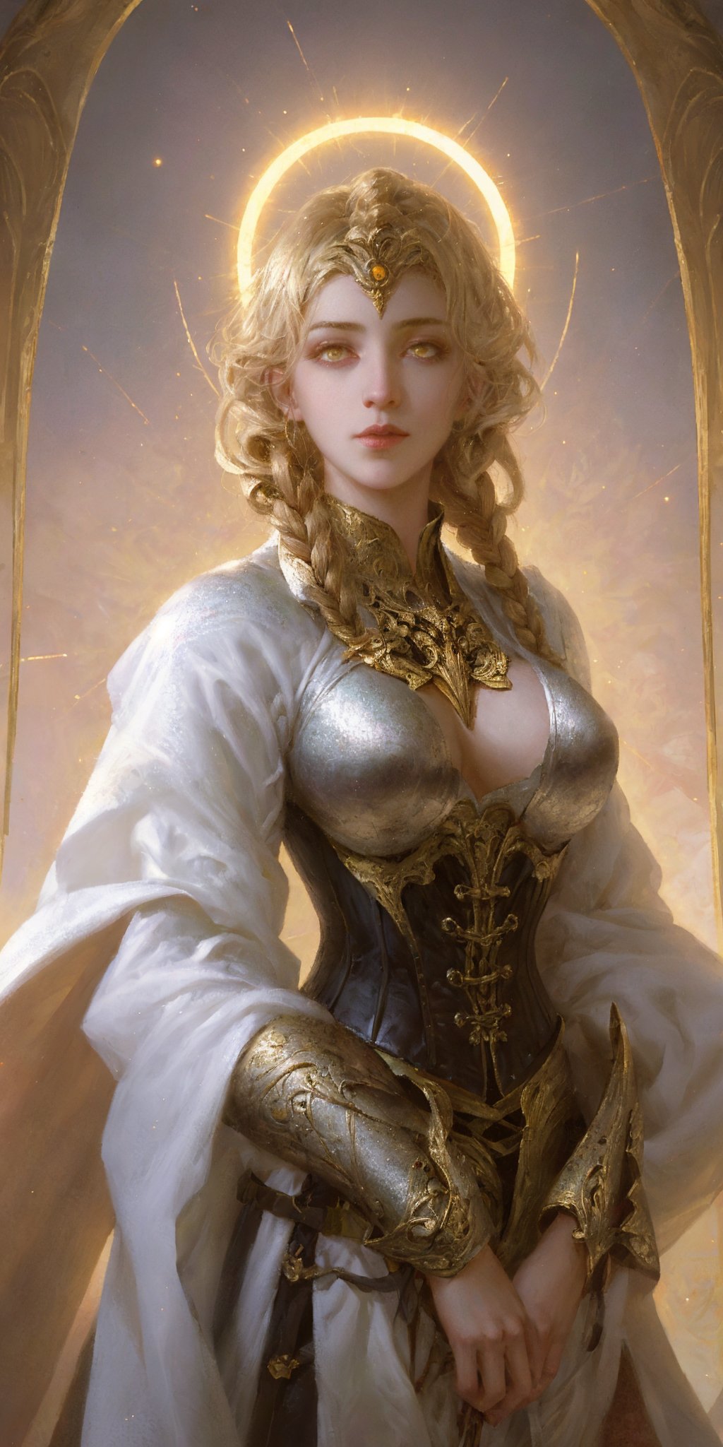 Best quality,masterpiece,upper body of paladin lady in ornate golden armor, black collar, pauldrons, breastplate, corset, glowing halo, single braid, blonde, yellow glowing eyes, bright pupils, eye focus, red cape, temple indoors, stained glass windows, night, moonlight, particles, light beam, chromatic aberration,<lora:SHMILY隐鳞藏彩_v1.0:0.8>,