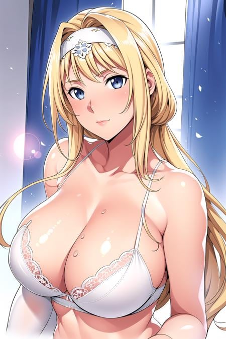 Simple White Background,dynamic pose,standing at attention,underwear, white bra,White lingerie,white Lace bra,White lingerie,White Lace panties, cleavage, collarbone, bare shoulders,navel,<lora:Alice_Zuberg_Alicization-KK77-V1:0.7>,alice zuberg,blue eyes, blonde hair,bangs,Long hair,headband,<lora:Oda_Non_Style-KK77-V2:0.3>,<lora:more_details:0.1>,1 girl, 20yo,Young female,Beautiful long legs,Beautiful body,Beautiful Nose,Beautiful character design, perfect eyes, perfect face,expressive eyes,perfect balance,looking at viewer,(Focus on her face),closed mouth, (innocent_big_eyes:1.0),(Light_Smile:0.3),official art,extremely detailed CG unity 8k wallpaper, perfect lighting,Colorful, Bright_Front_face_Lighting,White skin,(masterpiece:1.0),(best_quality:1.0), ultra high res,4K,ultra-detailed,photography, 8K, HDR, highres, absurdres:1.2, Kodak portra 400, film grain, blurry background, bokeh:1.2, lens flare, (vibrant_color:1.2),professional photograph,(Beautiful,large_Breasts:1.4), (beautiful_face:1.5),(narrow_waist), 