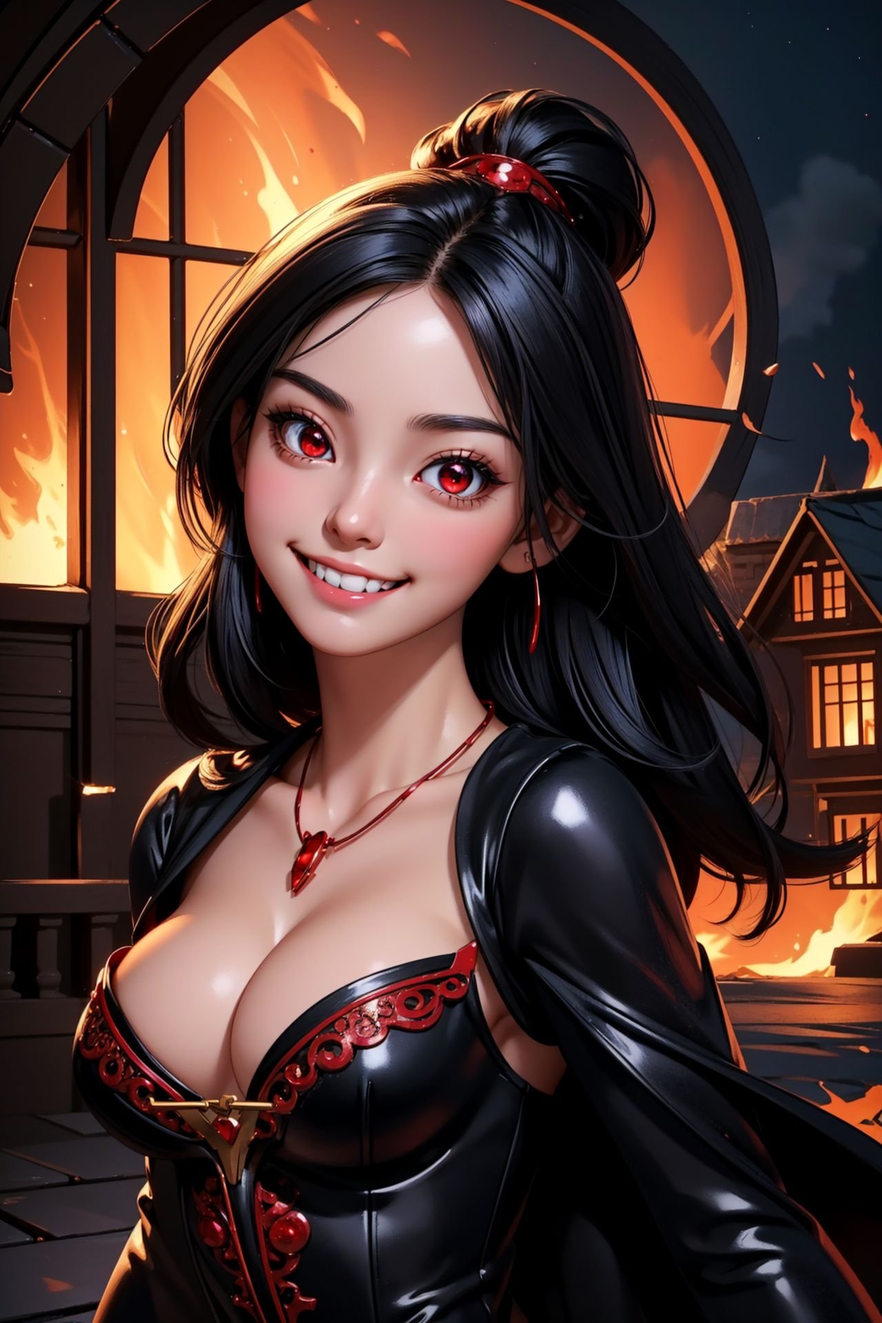 1girl, masterpiece, perfect body and face, cute and sexy, (grin mouth), red eyes, black hair, witch, (house on fire), looking at viewer, evil smile, upper body, detailed, detailed face, detailed skin, sparkling eyes, necklace, cleavage, hyperdetailed, 8k, complex