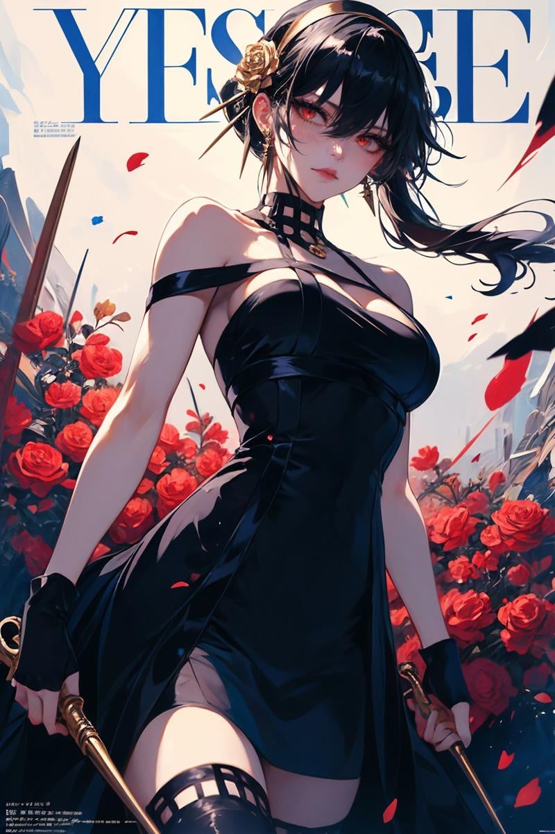 XUER Yor Forger,1girl,yor briar,solo,dress,breasts,flower,black dress,red eyes,black hair,holding,thighhighs,gloves,hair ornament,hairband,cleavage,petals,hair flower,black gloves,black thighhighs,holding weapon,fingerless gloves,blood,dual wielding,bare shoulders,sidelocks,gold hairband,looking at viewer,bangs,long hair,large breasts,rose,two-sided fabric,copyright name,two-sided dress,blue background,hair between eyes,sleeveless,sleeveless dress,medium breasts,short hair with long locks,blood on weapon,earrings,A shot with tension,(Visual impact,giving the poster a dynamic and visually striking appearance:1.2),impactful picture,(masterpiece, best quality:1.2),offcial art,movie perspective,advertising style,magazine cover,very aesthetic,disheveled hair,very aesthetic,illustration,disheveled hair,perfect composition,moist skin,intricate details,<lora:绪儿 约尔福杰 XUER Yor Forger:0.8>,