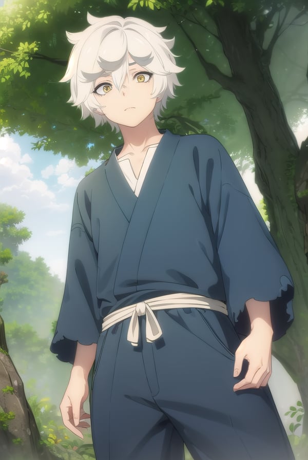 gabimaru, <lora:gabimaru s1-lora-nochekaiser:1>,gabimaru, short hair, (yellow eyes:1.3), white hair, male focus,BREAK japanese clothes, pants, sandals,BREAK outdoors, forest, nature, sky, sun, clouds,BREAK looking at viewer, (cowboy shot:1.5),BREAK <lyco:GoodHands-beta2:1>, (masterpiece:1.2), best quality, high resolution, unity 8k wallpaper, (illustration:0.8), (beautiful detailed eyes:1.6), extremely detailed face, perfect lighting, extremely detailed CG, (perfect hands, perfect anatomy),