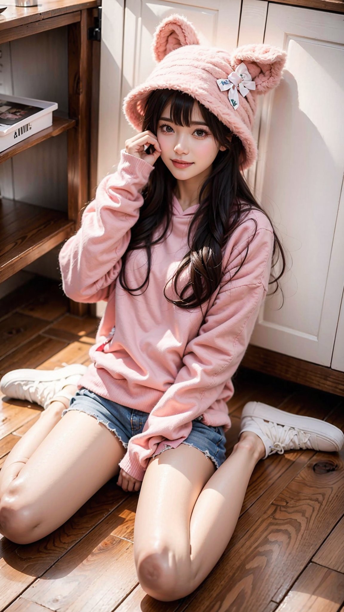 Best Quality,Masterpiece,1girl,solo,kneeling and sitting,girl sitting on wooden floor,back against cabinet door,one hand touching cheek,whole body,looking at audience,pink hoodie,pink big hat,denim shorts,wariza,black hair,long hair,socks,cut,sweater,smile,brown eyes,big bow,