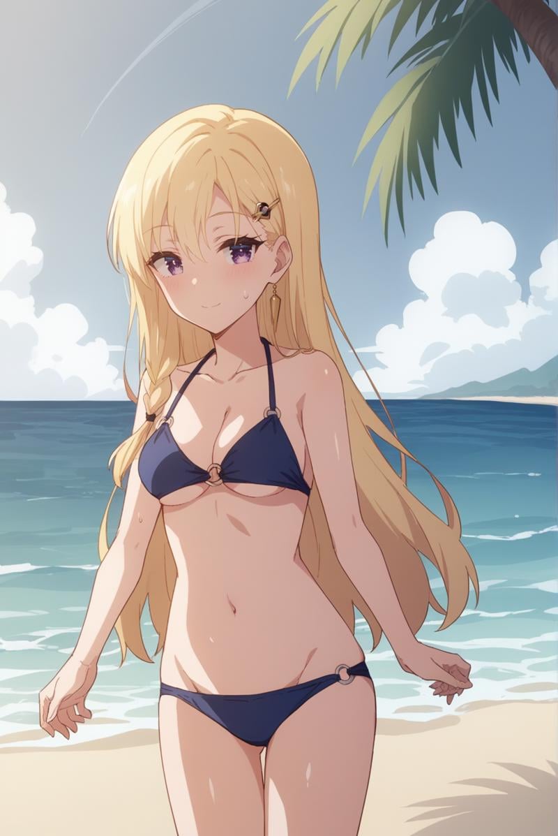 score_9, score_8_up, score_7_up, score_6_up, score_5_up, score_4_up, BREAK source_anime, 1girl, solo,<lora:AyaseSakiXL-v1-07:0.7>, ChopioAyase, long hair, blonde hair, shiny hair, hair between eyes, purple eyes, highly detailed eyes, hair clip, looking at viewer, long hair, (side braid:1.1), [small breasts : medium breasts: 10],beach, sand, sea, palm tree, standing, seductive smile, o-ring bikini, blue bikini, cleavage, sweat, sweatdrop, shiny skin,