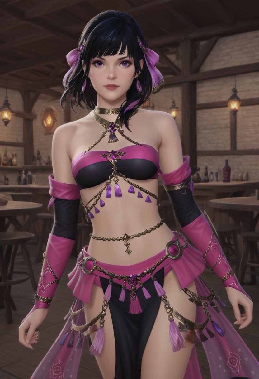 score_9, score_8_up, score_7_up, realistic, black hair,  purple eyes, 1girl, solo, dncaf,dncbow, dncheels, dncskirt, dncsleeves, dncjewelry, fringe trim, bandeau,  midriff, navel, bare shoulders, pelvic curtain,  cowboy shot, (black clothing:1.5),BREAK    tavern, dancing,  <lora:FFXIV_Dancer_Job_Outfit:1>