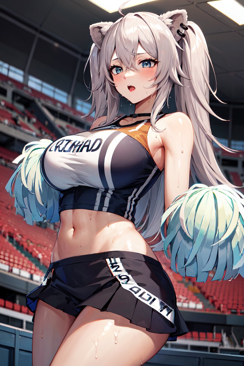 masterpiece, best quality, highres, aabotan, long hair, two side up, ahoge, animal ears, ear piercing, large breasts, <lora:shishiro_botan_v1:0.7>, cheerleader, pom pom \(cheerleading\), midriff, stadium, sweat, indoors, 