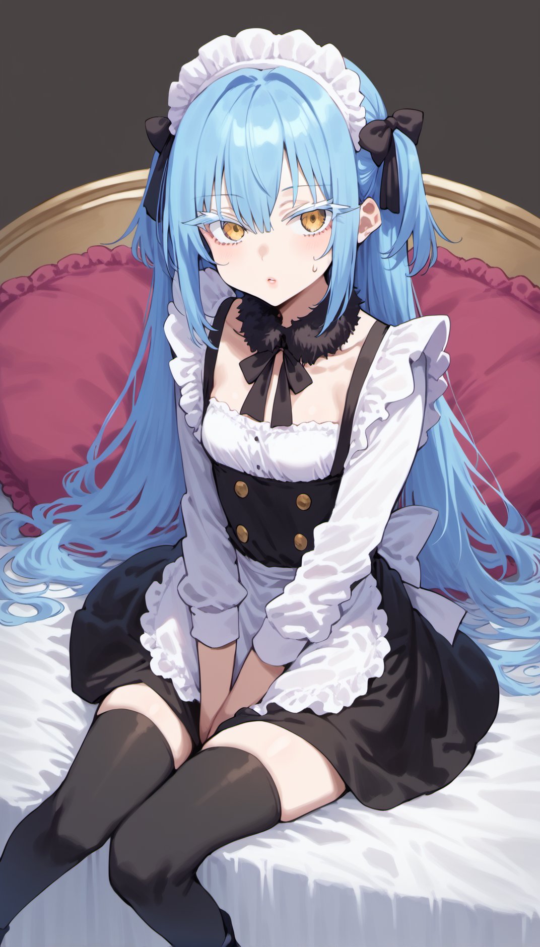 score_9, score_8_up, score_7_up, score_6_up, tsepmet_urumir_xl, rimuru tempest, fur collar, long hair, blue hair, yellow eyes,pillow, thighhighs, open mouth, maid, rating:questionable, maid headdress, solo,black legwear, sitting, hair between eyes, black footwear, looking at viewer, hair bow, bow, = =;, sweatdrop,1girl,jirai kei,small breasts,colored eyelashes,white eyelashes,blunt bangs,pale skin, eyes visible through hair,expressionless,(frown:0.7),lipstick,miniskirt,black skirt,frilld white shirt,long sleeves,pleated skirt,black thighhighs,cowboy shot,lace choker,thick thighs,sitting on white chair, cross wall,(v arms:1.4),Tranquil, Peaceful, psychiatrist, blue moon, serenity, dark, night,<lora:Rimuru_Tempest_XL_Pony:1><lora:Concept Art Twilight Style SDXL_LoRA_Pony Diffusion V6 XL:1>