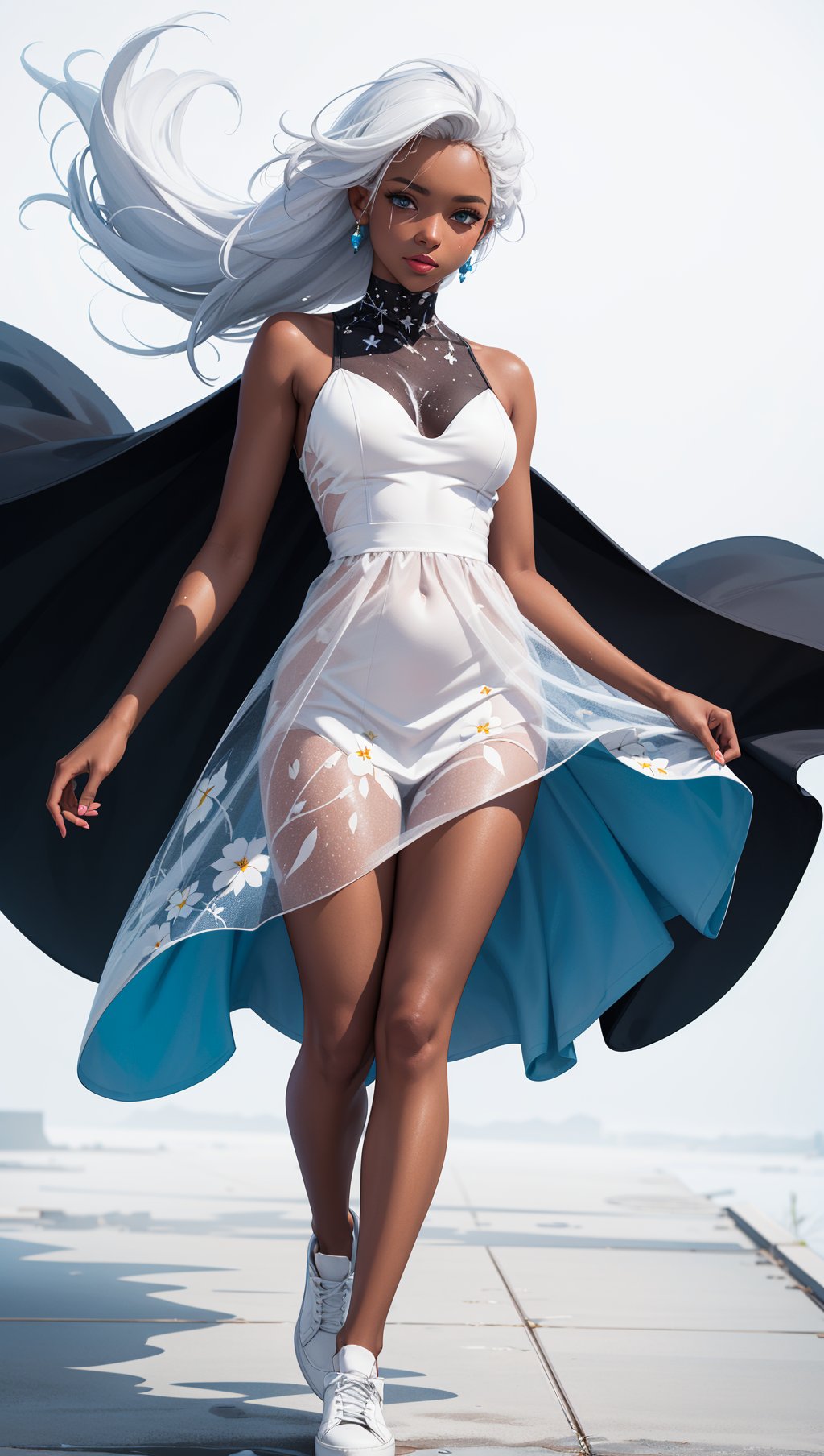 a woman with white hair and blue eyes,in a white dress with a black background and a splashs of paint all over,Celestial Skin,dark skin,flower-pattern,see-through white dress,black under cloths,facing viewer,hair blowing in the wind,white shoes,fantasy,white fires all over,