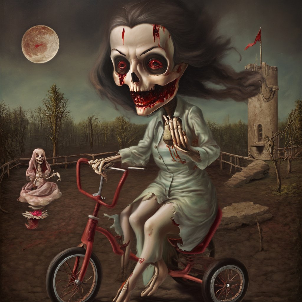 old oil painting of a gothic woman, rotting, large breasts, bloody eyes, wearing  cute disney princess pajamas, torn pajamas, bleeding moon, evil facial expression, sitting on a old children's tricycle, holding a skeleton bunny, old abandoned run-down playground in background, surreal, lowbrow art style ,<lora:LowBrowF1D:1>