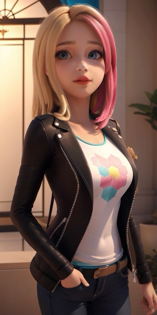 Hyperrealistic, photorealistic, super detailed, black unbuttoned jacket, white T-shirt, bright yellow jeans, vivid shade of azure eyes, shoulder length sandy blonde hair that has significantly shorter bangs with the ends reaching her shoulders, (hot pink dyed strands on the left side), light freckles, coral lips, body like in real life, large pores, peach skin tone, slender, beautiful arms, very little very flat breasts, unreal engine, octane render, droped shadow, bokeh, cinematic lighting, <lora:add_detail:0.5>, <lora:Volumetric_lighting:0.6>, Zoe Lee, , <lora:9c5d584a-ab50-49af-9d50-d339318f14f4:0.7>