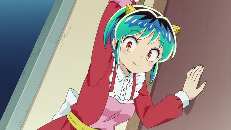 anime screencap,  Abandoned carnival with faded attractions and eerie silence, BREAK anime screencap,  Fantasy Maid Dress, Lum, light smile, oni horns, Leaning against a wall with legs slightly apart,  <lora:Private_Urusei_Yatsura_2022_-Lum-_PDXL_v2:0.8>