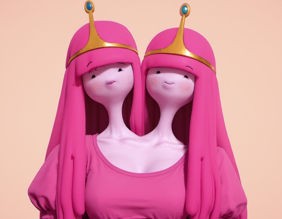 <lora:twoheads:1> twoheads, 2 heads, multiple heads <lora:Adventure_Time_Style_LORA:1> adventure time <lora:b0bbl3g0m_v2:0.7> b0bbl3g0m, princess bubblegum 1girl, long hair, crown, coloured skin, pink hair made of goo, light pink skin made of skin, looking at viewer, noodle arms, bangs, collarbone, zPDXL BREAK , score_9, score_8_up, score_7_up