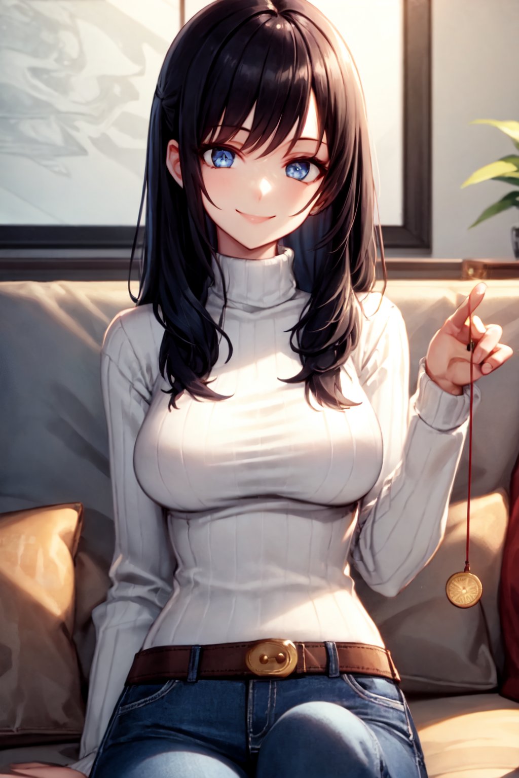 masterpiece, best quality, 1girl, solo, long hair, black hair, holding, coin on string, pendulum, hypnosis, mind control, medium breasts, sitting, closed mouth, pillow, ribbed sweater, jeans, turtleneck sweater, blue pants, white sweater, on couch, blue eyes, straight hair, smile <lora:hypnopendulumpovv3_32dim_nai:1>