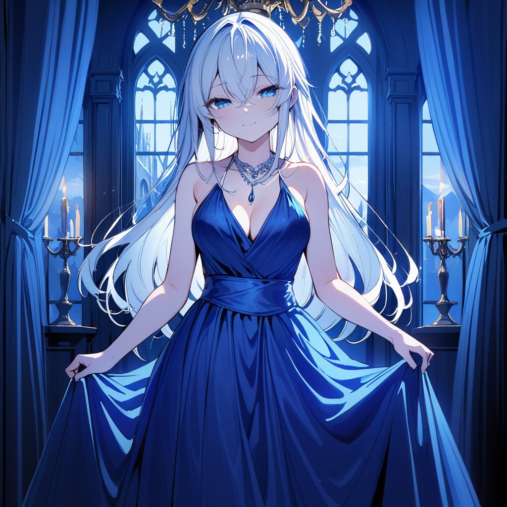 Noyu,line art,line style,1girl,solo,blue eyes,white hair,long hair,hair between eyes,cleavage,medium breasts,silver halter dress,necklace.halterneck,evening gown,cowboy shot,light smile,half-closed eyes,looking at viewer,skirt_hold,gothic architecture,Industrial wind,window_,sash,curtains,indoor,castle,chandelier,candlestand,masterpiece,bestquality,onnk