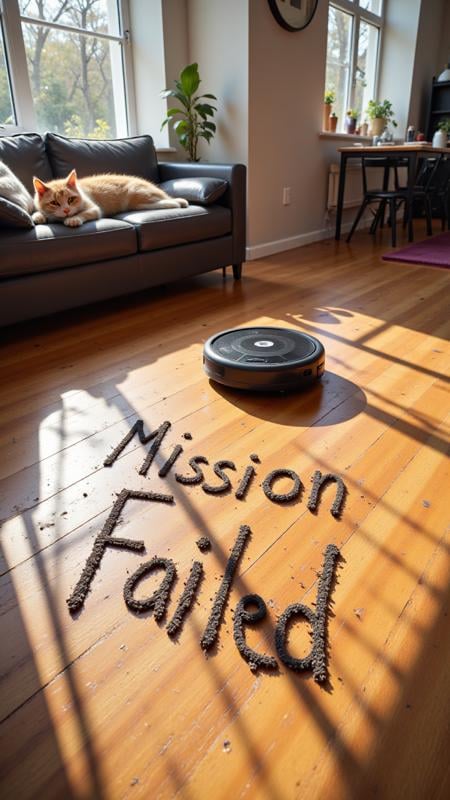 A sleek, black Roomba is stuck in a loop at the corner of a modern living room, spinning helplessly in circles. The polished hardwood floor is otherwise spotless, but the Roomba has inadvertently created a trail of dust that spells out “Mission Failed” in a faint but legible pattern. Sunlight streams through large windows, casting long shadows that emphasize the Roomba’s frustrating plight. Nearby, a cat watches with amusement, lounging on the edge of the couch, as if mocking the little vacuum’s futile efforts. with Text: "Mission Failed"  , aidmaTextImprover