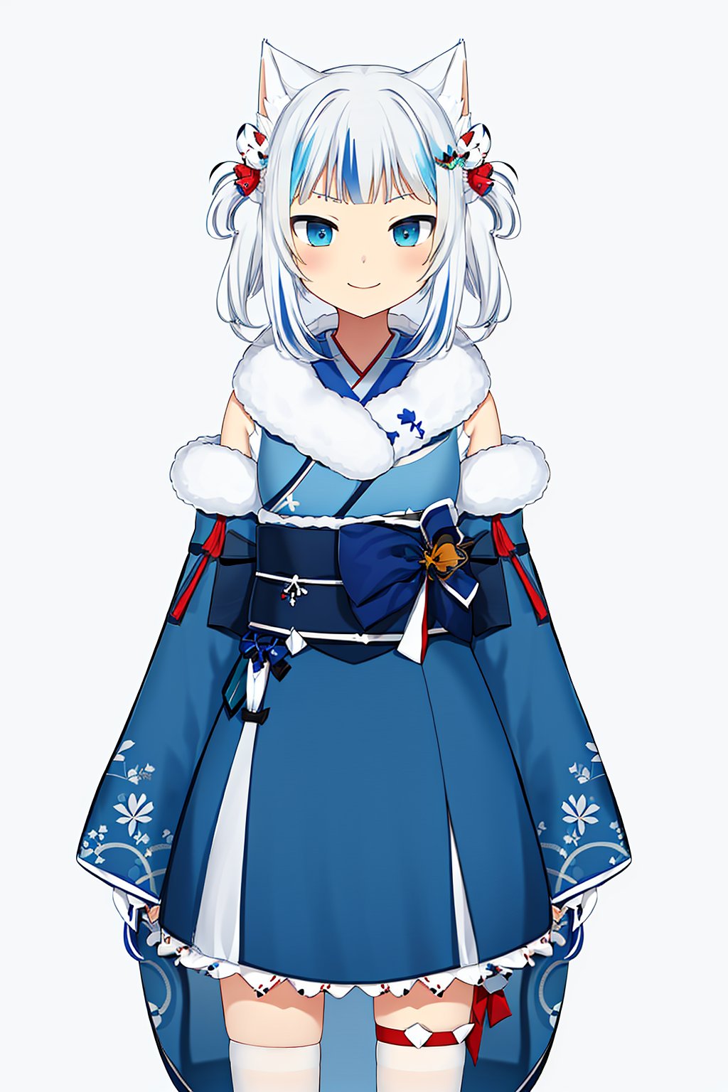 <lora:gura_v1.1-000010:0.9>, gawr gura, gura_culture_outfit, 1girl, solo, best quality, masterpiece, highres, looking at viewer, cowboyshot, hair accessories, thigh-high stockings, blue and white color scheme, h blue eyes, transparent background, cat motifs, obi-like belt, white fur trim, hair ornaments, standing pose, silver hair, blue dress, ruffles, fantasy outfit, kemonomimi (animal ears), twin tails, (solid white background: 1.3), hair ornament, smile, front view