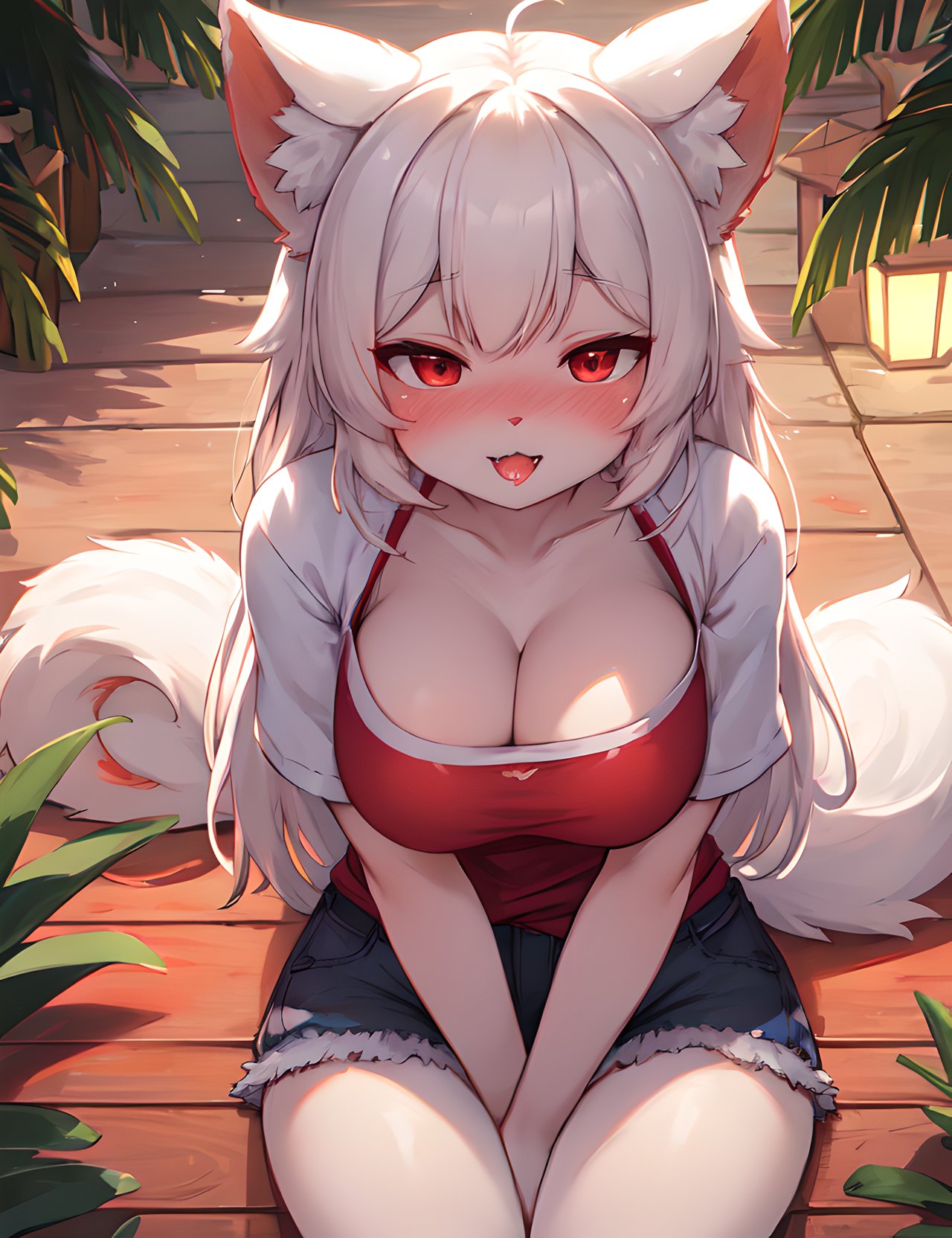 furry, white fur, tail, red elements on fur, normal breasts, beautiful front view, pov, summer shirt, summer shorts, close-up, sitting, hands on breasts, blush, ahegao, paw pose, summer, night, beautiful lights and shadows, ambient light, ultra detailed fur, volumetric light 