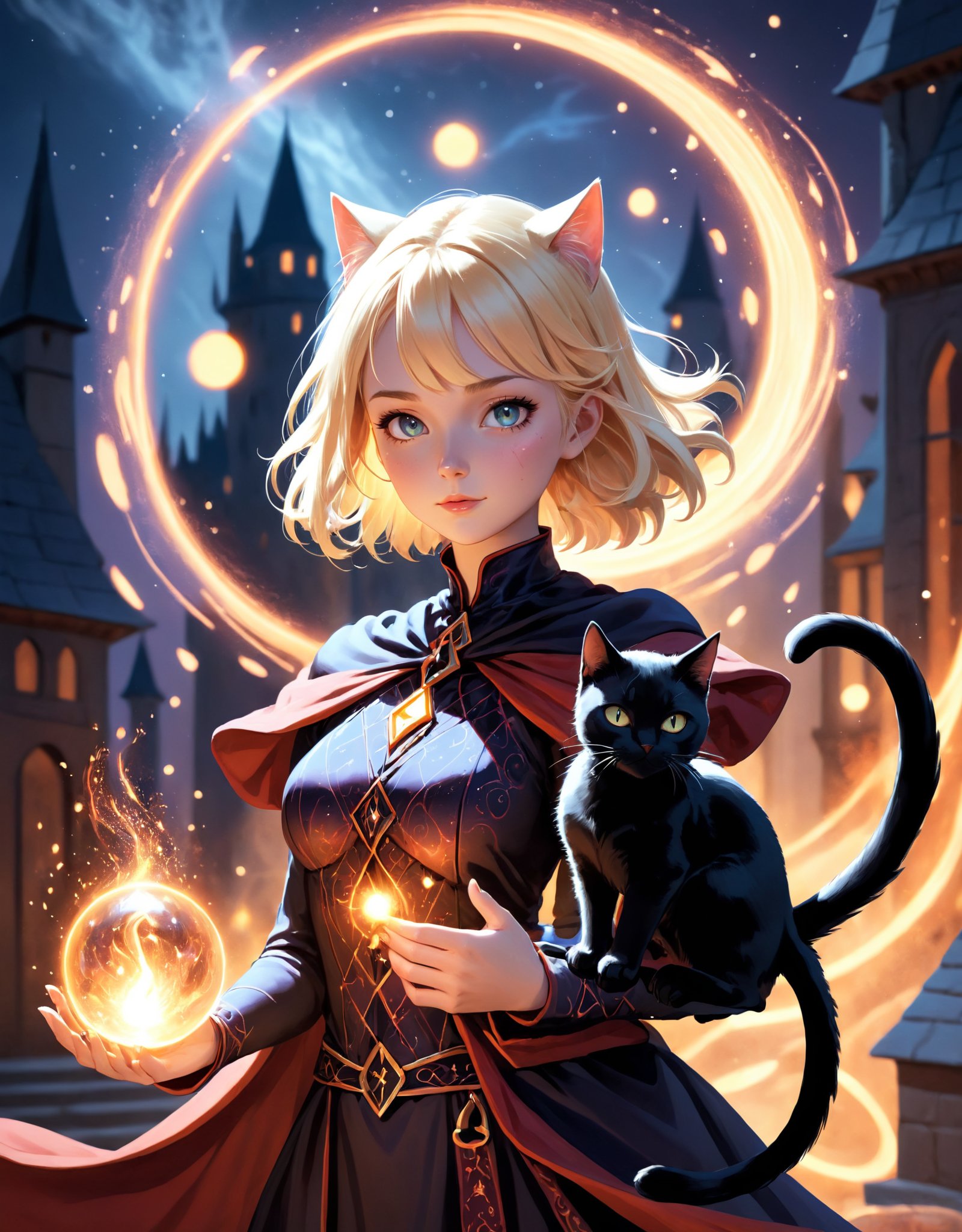 Photo of a blonde wizard girl, illuminated by the moonlight, with her black cat familiar, surrounded by swirling embers and mystical particle lines, set against a fantastical backdrop. The lighting should enhance the magical and enchanting atmosphere.