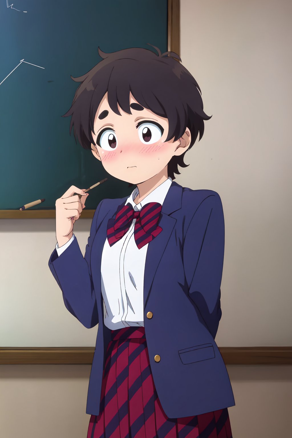 Nokoko Inaka, (8k, HD), 1girl, solo, blush, short hair, shirt, black hair, bow, school uniform, jacket, striped, indoors, bowtie, black eyes, blazer, thick eyebrows, blue jacket, chalkboard, (skirt with diagonal lines, blue lines)<lora:EMS-468467-EMS:0.800000>