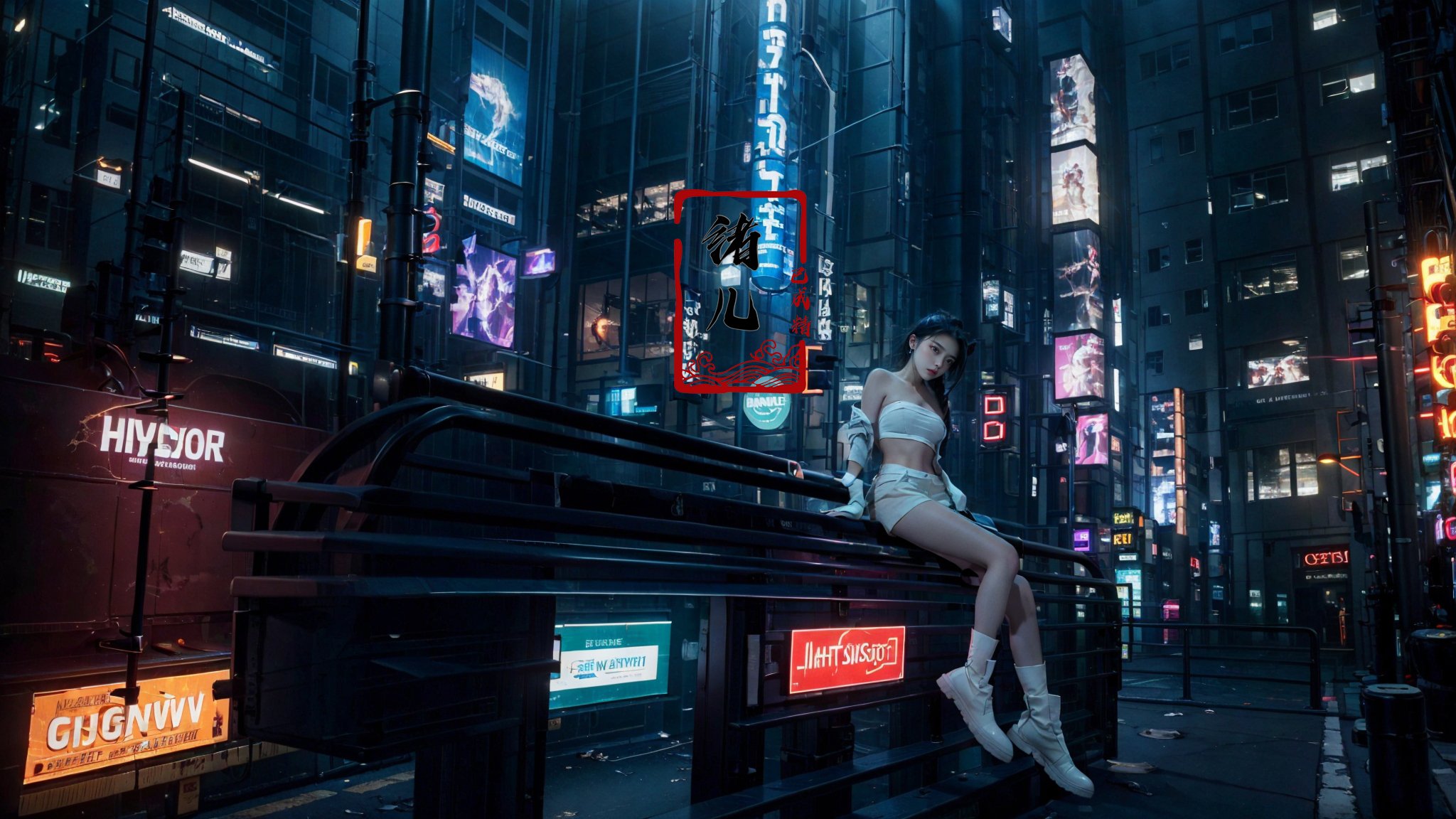 (dramatic, gritty, intense:1.4),masterpiece, best quality, 32k uhd,  hyper quality, Masterpiece,  (science cyber:1.4)，(glow, light pollution:1.3)，1girl, cyberpunk, solo, science fiction, city, neon lights, sitting, night, building, strapless, breasts, hologram, skyscraper, boots, long hair, cityscape, thighhighs, sky, black hair, scenery, white footwear，<lora:绪儿-赛博城市场景 science cyber:0.8>