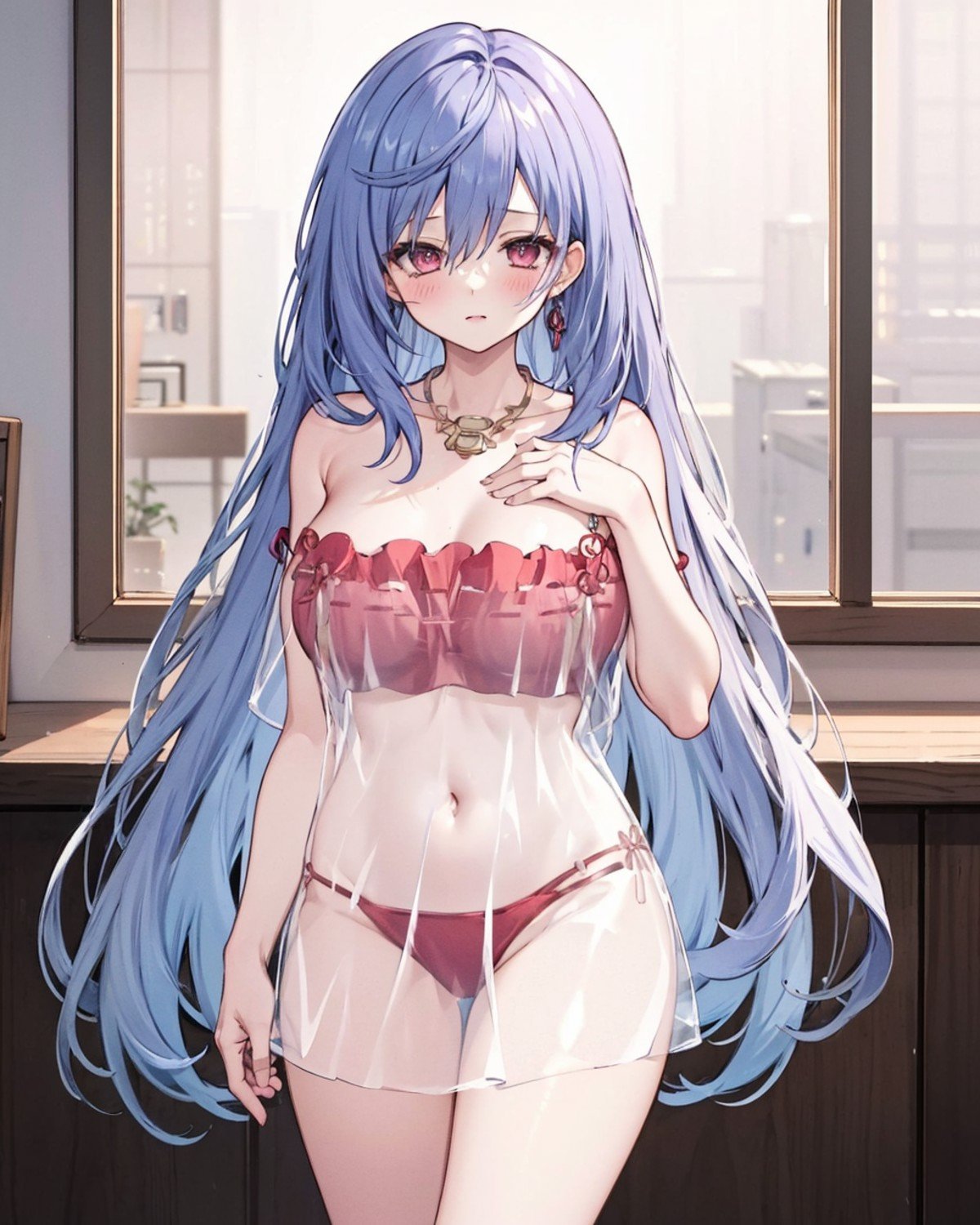 1girl, solo,, large breasts,  see-through dress,  blush, <lora:SeeThroughDressOfNagato:1>, very long hair, mature female,  <lora:IrisHeart:0.75>,irisx, thighs, standing, red_underwear, hand on own chest, necklace, strapless, 