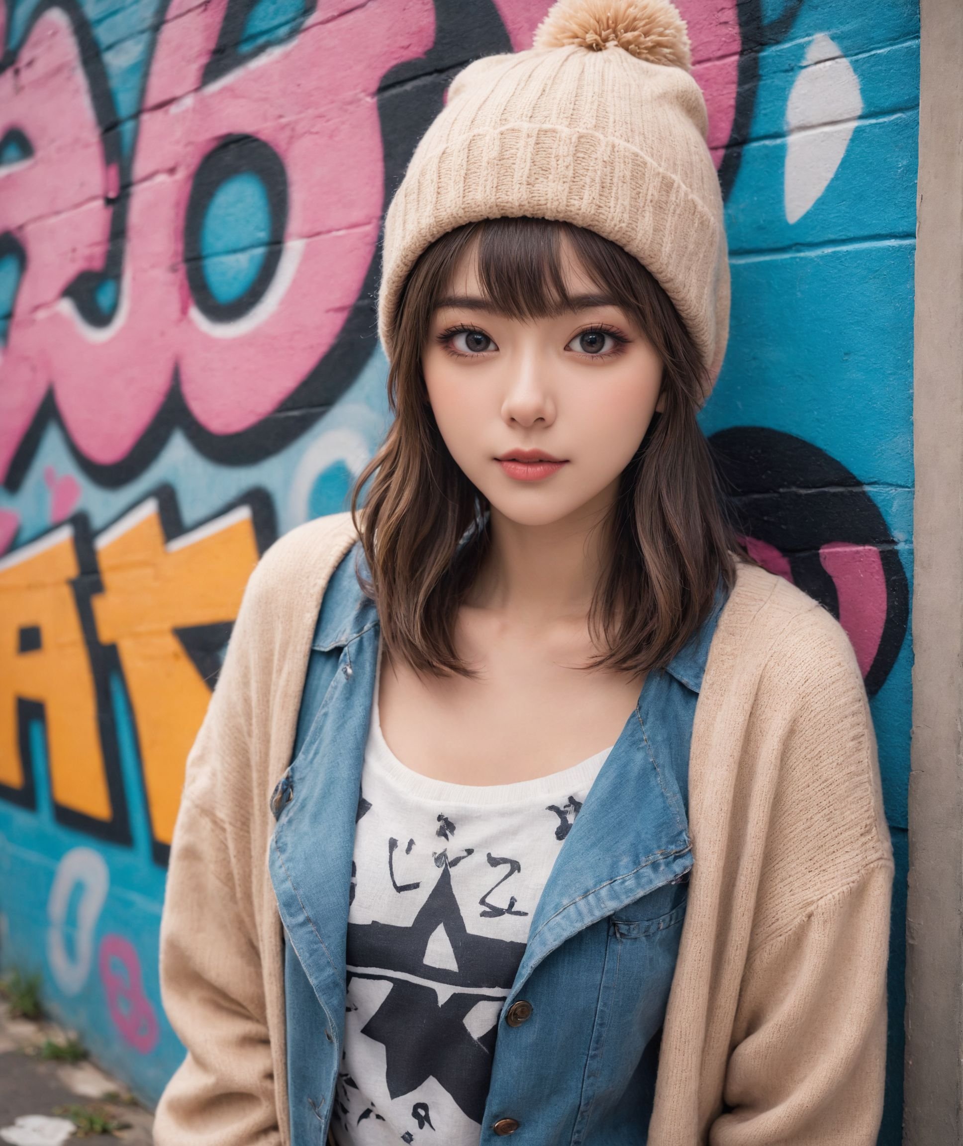 kawaii,cute,1woman, . large breast , intricate background, -, hair over eyes, covered eyes, blunt bangs, sideburns , smug, nose blush , , from below, Establishing Shot,A distressed denim jeans, a beige sweater, and a beanie, posing against a graffiti-covered wall.(day),
