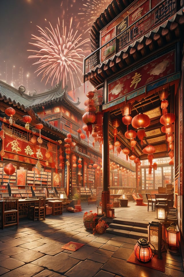 arch, ((fireworks)), architecture, bookshelf, bridge, building, chimney, city lights, cityscape, east asian architecture, fantasy, lantern, library, no humans, pagoda, paper lantern, railing, red sky, rooftop, scenery, skyscraper, storefront, tower, voile,gufeng