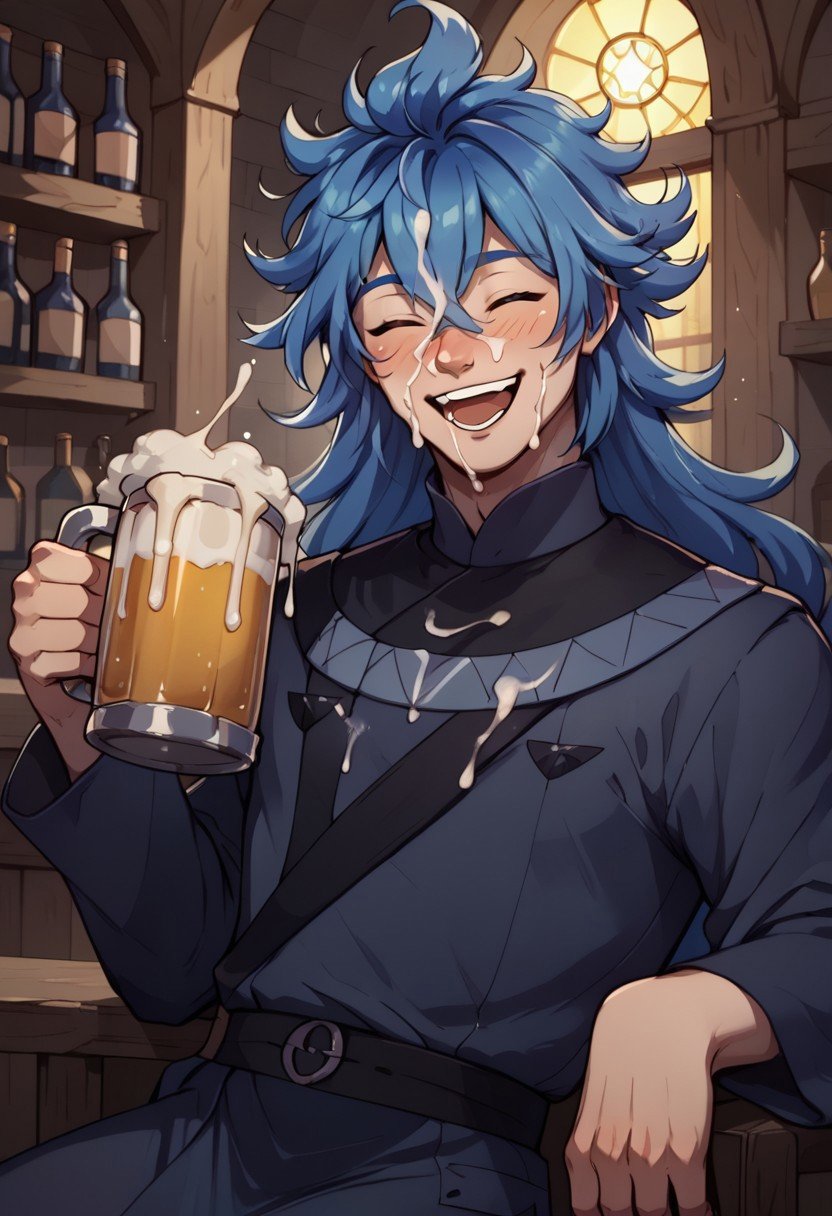 score_9, score_8_up, blue hair, long hair, Idia_styx, dark blue robe, male, 1boy, solo, drinks beer, happy, closed eyes, ecstasy, cum on face, giant beer mug, 