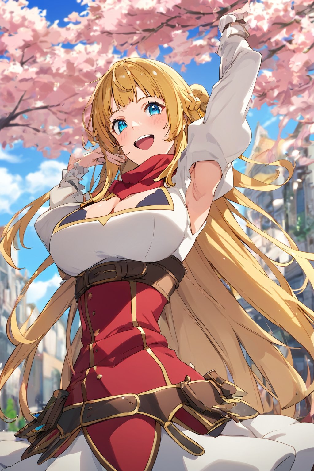 score_9, score_8_up, score_7_up, score_6_up, score_5_up, score_4_up, source_anime,ritto, 1girl, long hair, solo, blonde hair, blue eyes, open mouth, smile, clothing cutout, breasts, long sleeves, cloud, sky, outdoors, braid, arm up, belt, blunt bangs, very long hair, dress, day, armpits, :d, blush, puffy sleeves, looking at viewer, teeth, blue sky, upper teeth only, cleavage cutout,red scarf, masterpiece, perfect face, best quality, beautiful girl, cute girl, beautiful eyes, shiny eyes, anime coloring, anime screencap, absurdres, award winning, <lora:ritto nai 903:0.8>