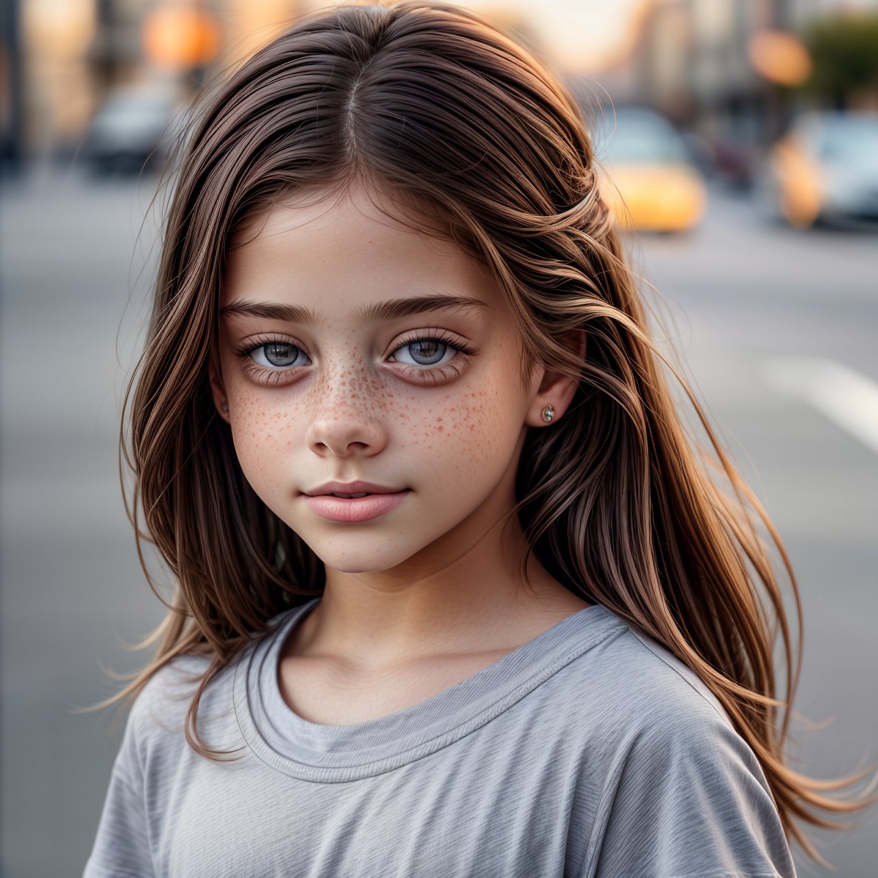 best quality looking back, portrait of stunning (AIDA_LoRA_RiWo:1.04) <lora:AIDA_LoRA_RiWo:0.9> in (simple gray t-shirt:1.1), [little girl], glossy skin with visible pores and freckles, pretty face, naughty, funny, happy, playful, dramatic, insane level of details, kkw-ph1, (colorful:1.1), (on the street:1.1), buildings, cars, city, sunlight, outdoors
