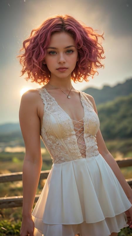 (masterpiece, best quality, highres:1.2), (photorealistic:1.2), raw photo, (Creamy Mamy), idol, young, cute, very slim, skinny, curly pink hair, perfect eyes shape, in high detailed white gothic-suit, (ultra-detailed gothic-dress), sleeveless top, short wide skirt, (light smile:0.8), moonlight passing through hair, (night beautiful background:1.3), (sharp), (film grain:1.3), (morbid light:1.2), (dynamic angle), exposure blend, bokeh, dim light, (hdr:1.4), high contrast, (muted colors, dim colors, soothing tones:1.3), morbid