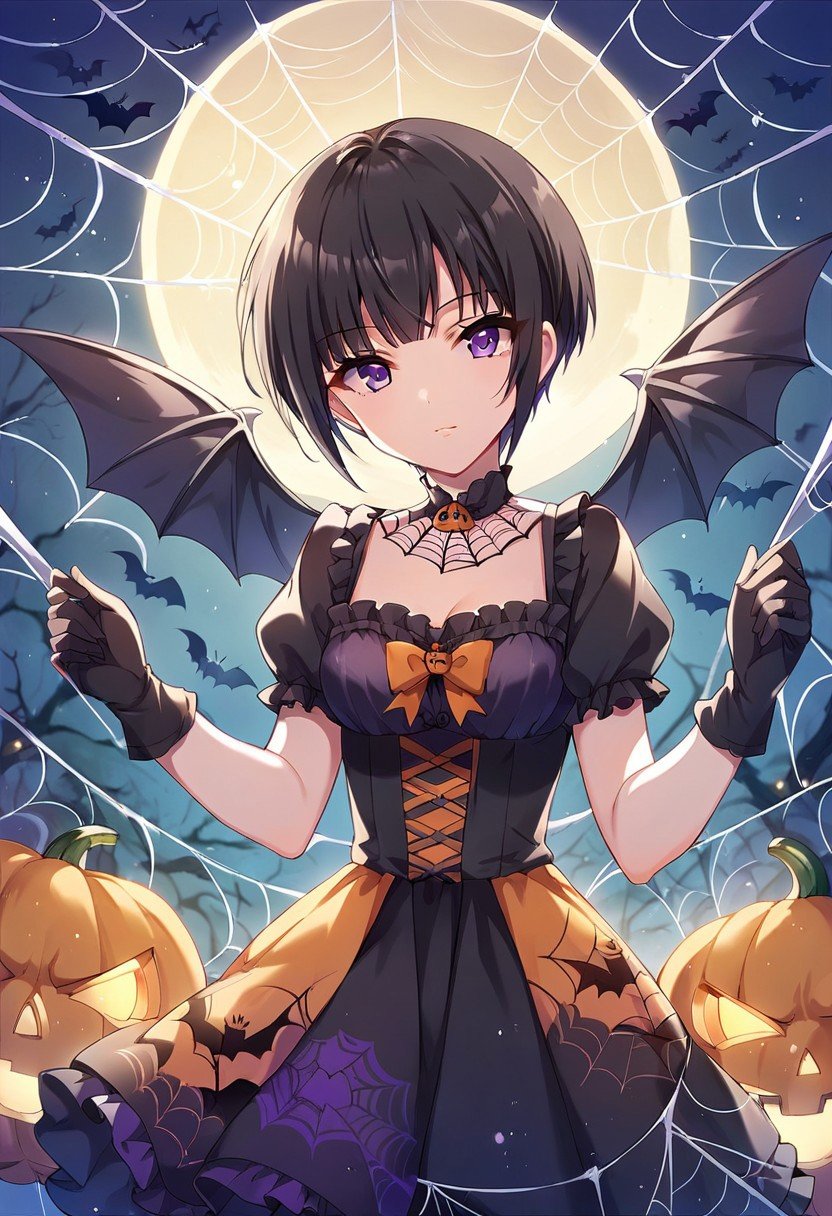 score_9, score_8_up, score_7_up, source_anime, shirayuki chiyo, black hair, purple eyes, short hair, 1girl, gloves, spider web, silk, halloween, solo, wings, dress, jack-o'-lantern, looking at viewer